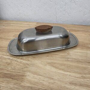 Butter Dish Stainless Steel MCM Wood Handle Dolphin Vintage